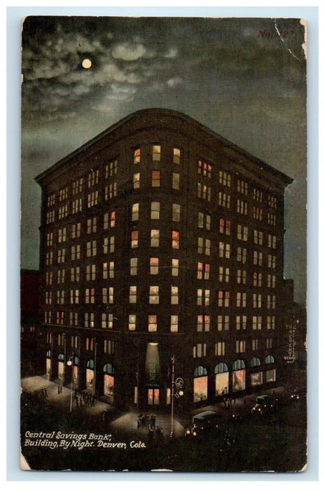 1916 Central Savings Bank Building Cars By Night Denver Colorado CO Postcard