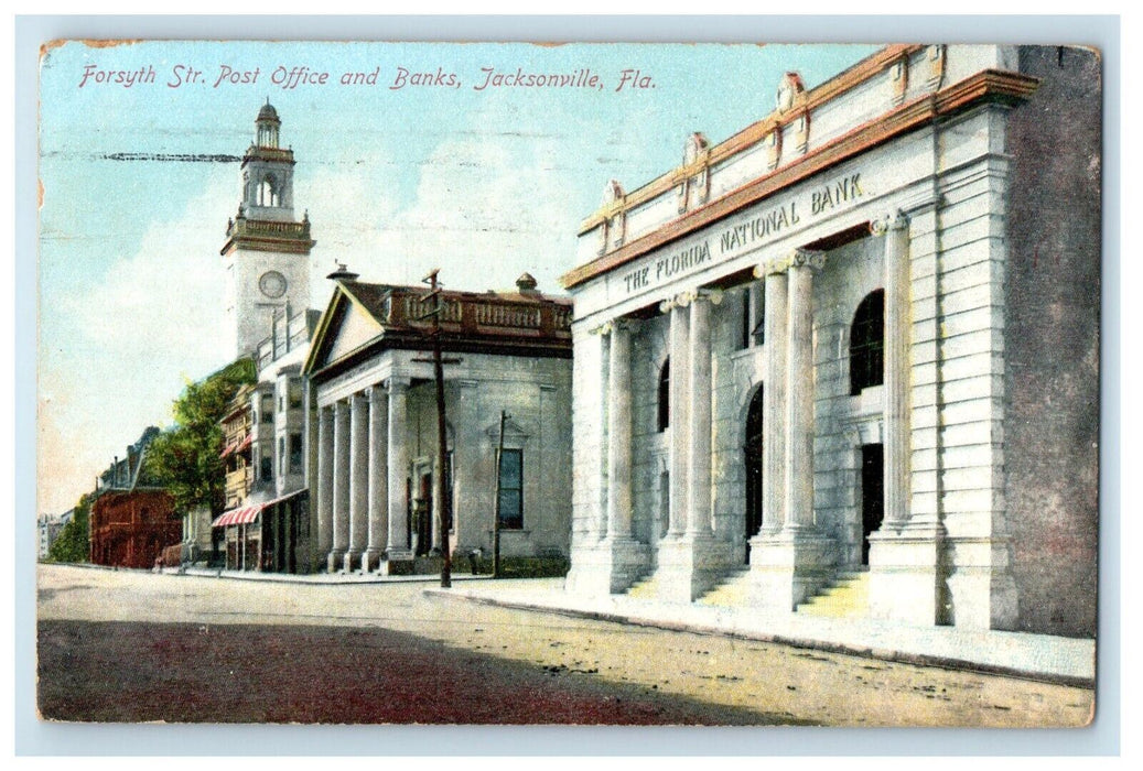 1907 Forsyth Str. Post Office And Banks Jacksonville Florida FL Antique Postcard