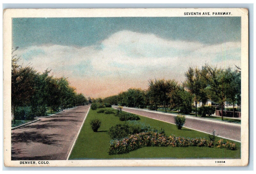 c1920 Flowers in Center Parkway, Seventh Ave Parkway Denver Colorado CO Postcard