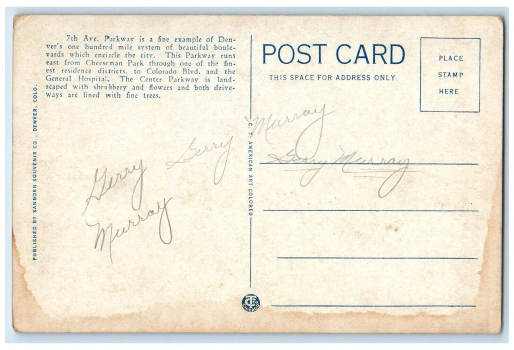 c1920 Flowers in Center Parkway, Seventh Ave Parkway Denver Colorado CO Postcard