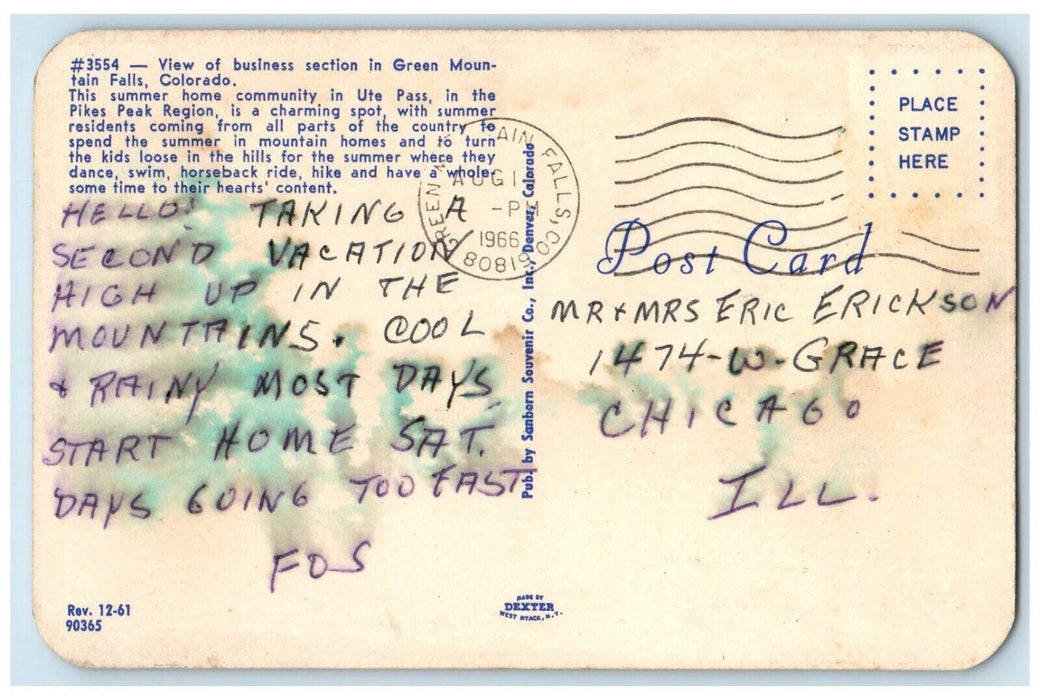 1966 View of Business Section in Green Mountain Falls Colorado CO Postcard