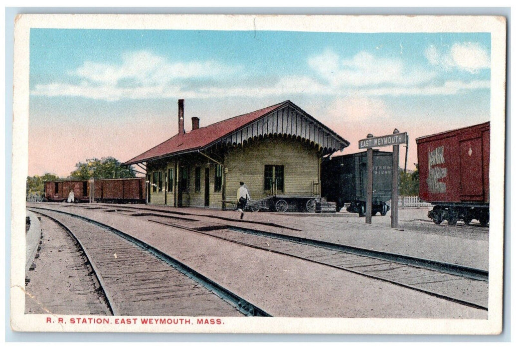 c1920's Train Wagon, Railroad Station East Weymouth Massachusetts MA Postcard