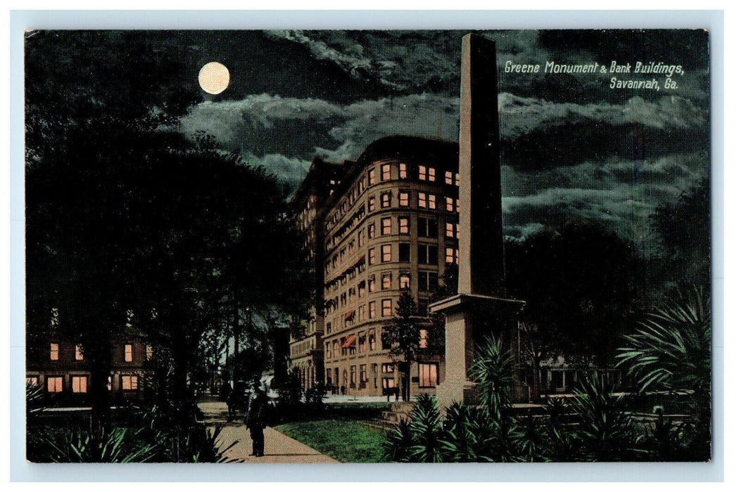 c1910's Greene Monument & Bank Buildings Moon Savannah Georgia GA Postcard