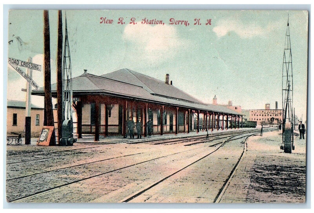 1908 Railroad Signage, New Railroad Station Derry NH Fremont NH Postcard