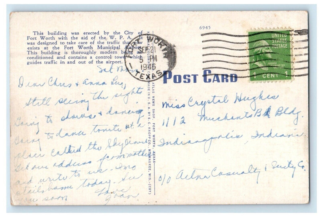 1946 Tower, Entrance of Airport Terminal Fort Worth Texas TX Posted Postcard