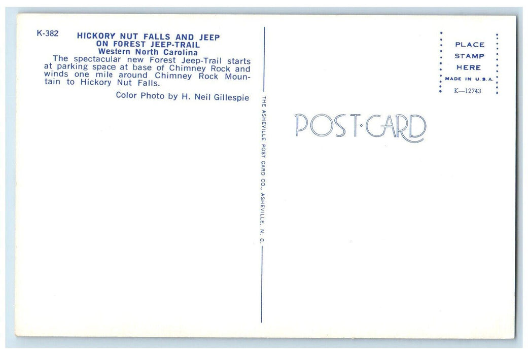 c1960's Hickory Nut Falls and Jeep on Forest Jeep-Trail Western NC Postcard