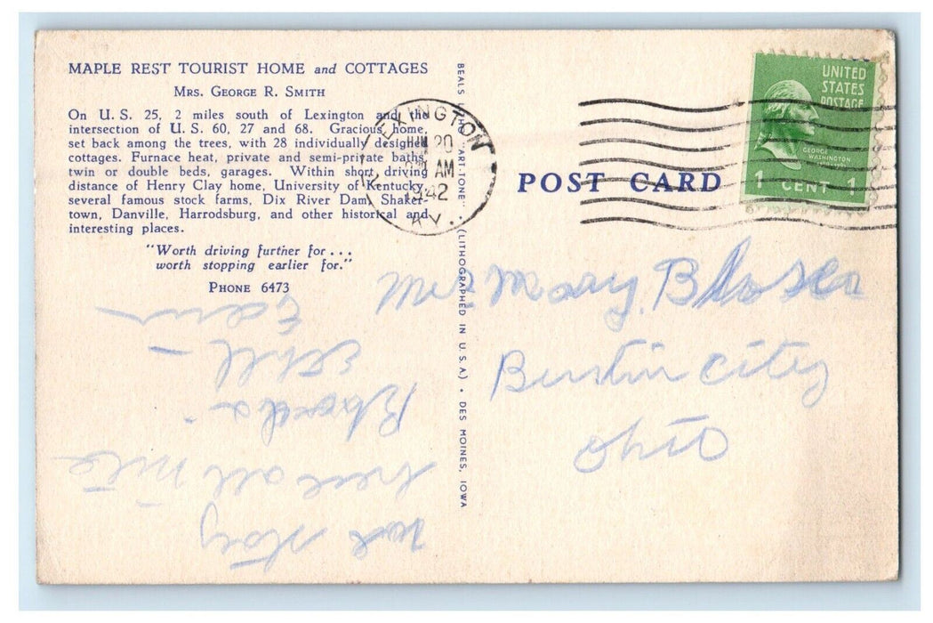 1942 Maple Rest Tourist Court Lexington Kentucky KY Vintage Posted Postcard