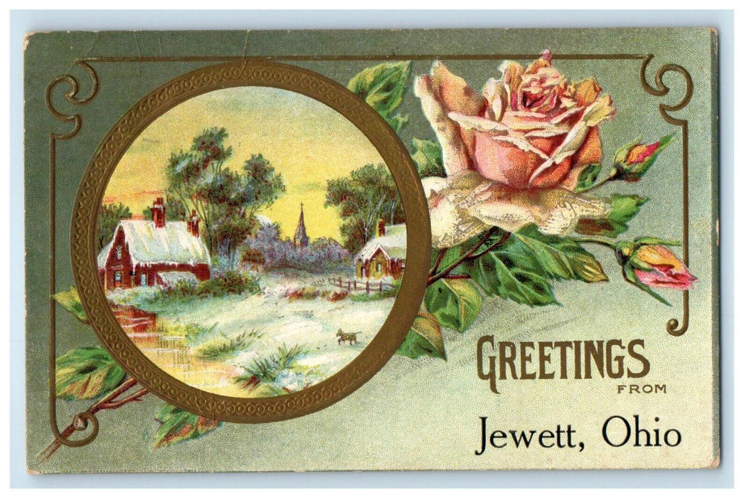 c1910's Greetings From Jewett Ohio OH, Flowers Embossed Posted Antique Postcard