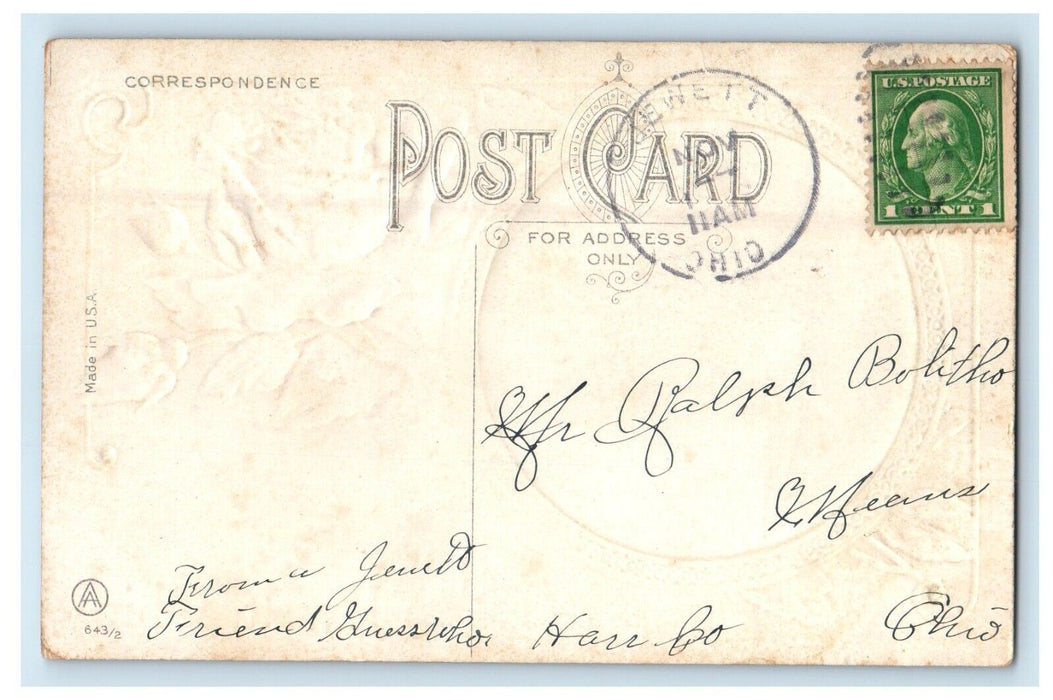 c1910's Greetings From Jewett Ohio OH, Flowers Embossed Posted Antique Postcard