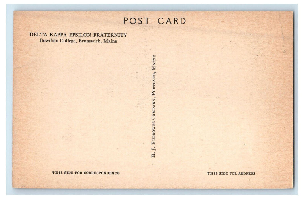 c1940s Delta Kappa Epsilon Fraternity, Bowdoin College, Brunswick ME Postcard