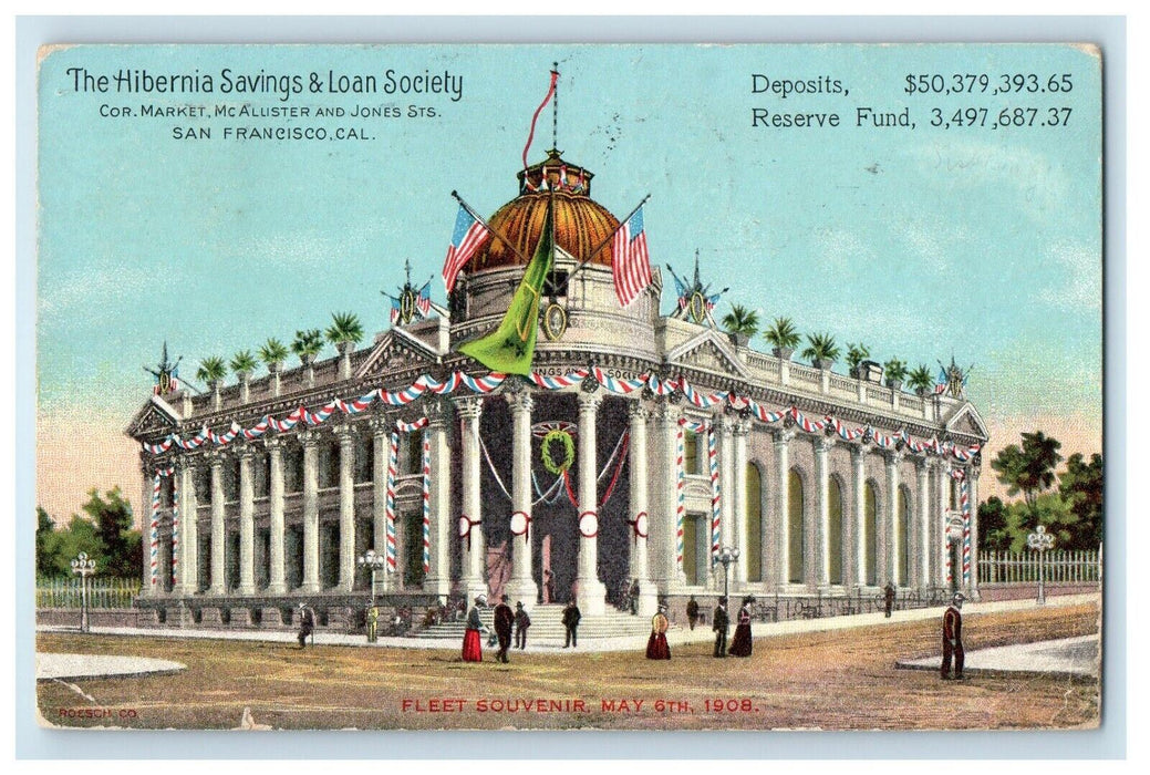 1909 The Hibernia Saving & Loan Society Flags San Francisco CA Antique Postcard