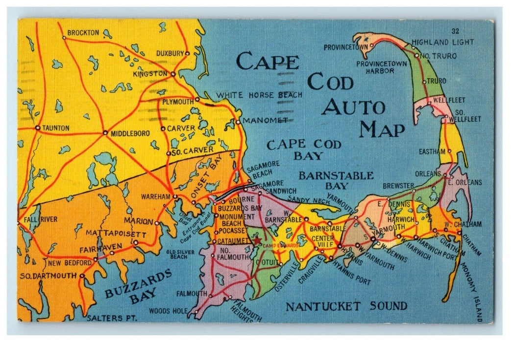 1952 View of Bays, Cape Cod Auto Map Bridgetown Massachusetts MA Postcard