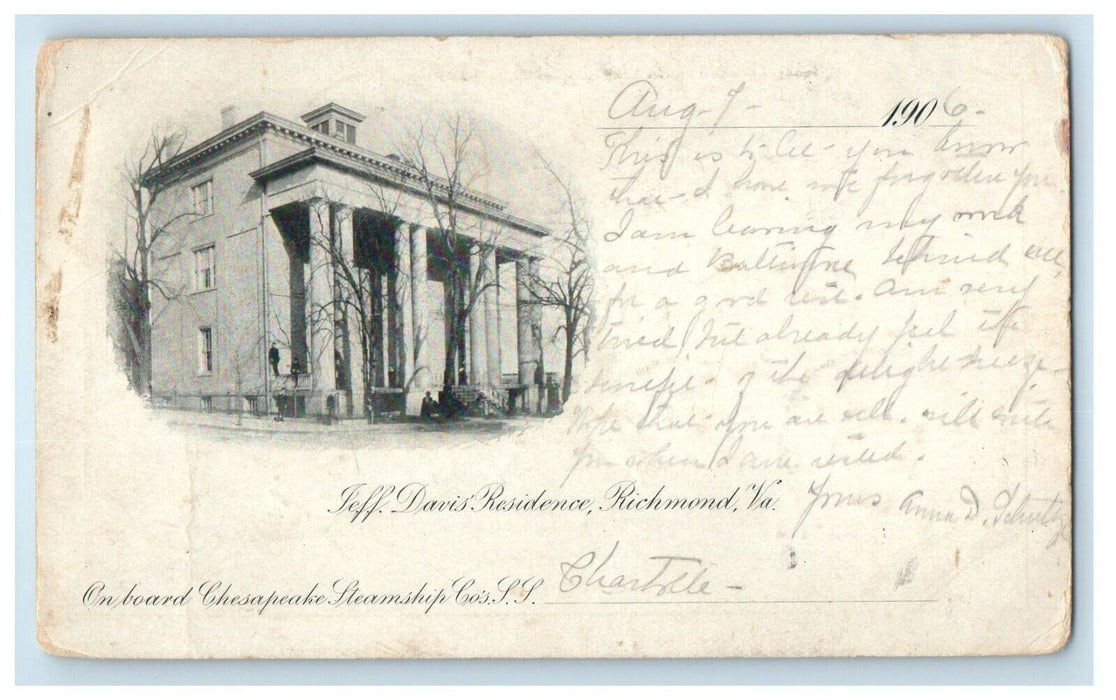 1906 Jefferson Davis House Chesapeake Steamship Posted Antique Postcard