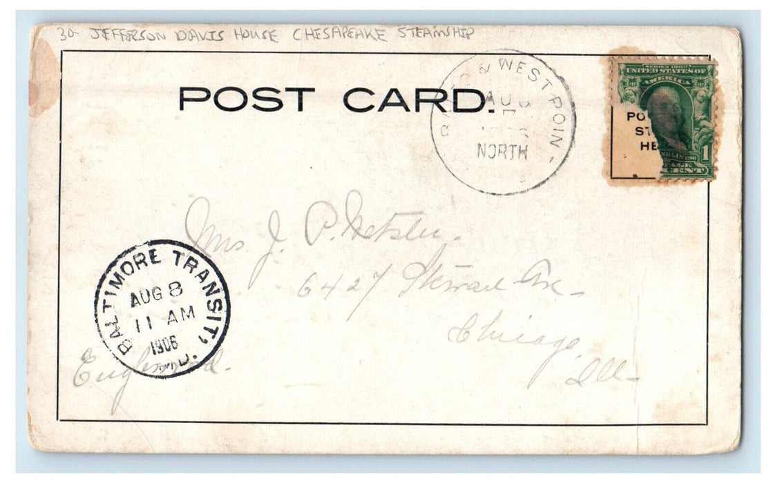 1906 Jefferson Davis House Chesapeake Steamship Posted Antique Postcard