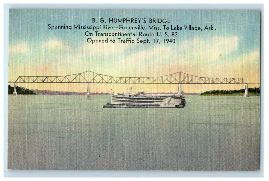 B. G. Humphrey's Bridge Spanning Mississippi River Greenville Arkansas Postcard
