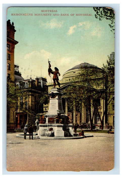 1911 Montreal Maisonneuve Monument And Bank Of Montreal Canada Antique Postcard