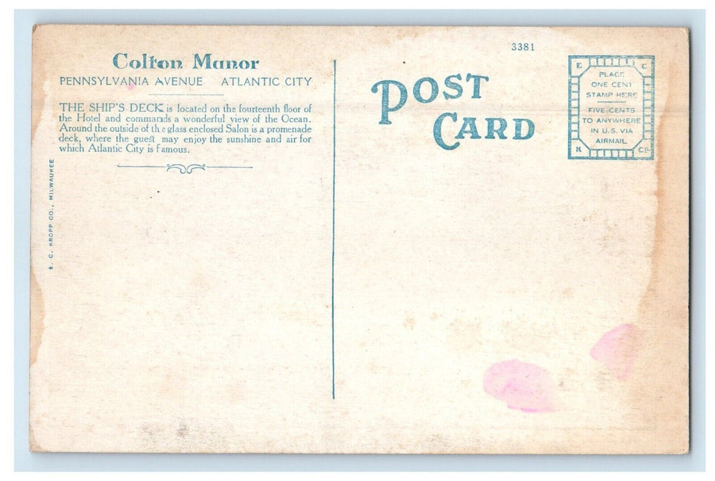 c1940s Ship's Dec Atop Colton Manor, Atlantic City New Jersey NJ Postcard