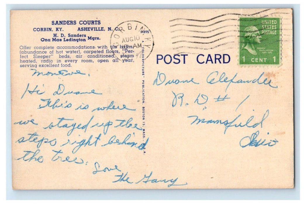 1948 Sanders Court & Café Corbin Kentucky KY Vintage Posted Postcard