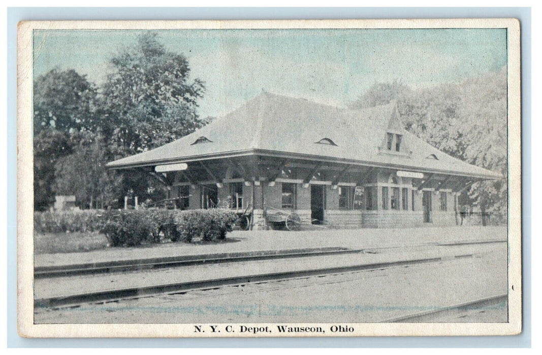 1923 N. Y. C. Depot Station Railroad Train Wagon Wausen Ohio OH Vintage Postcard