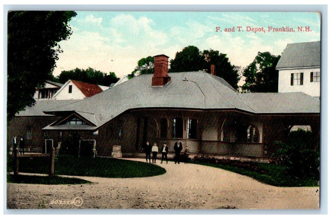 1909 Four Little Boys and Man F and T Depot Franklin New Hampshire NH Postcard