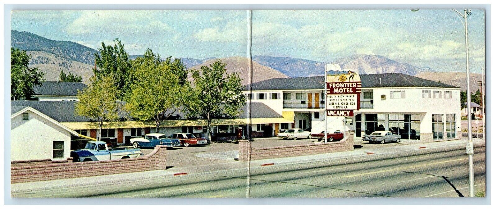 1966 Frontier Motel Roadside Cars Carson City Nevada NV Panoramic Postcard