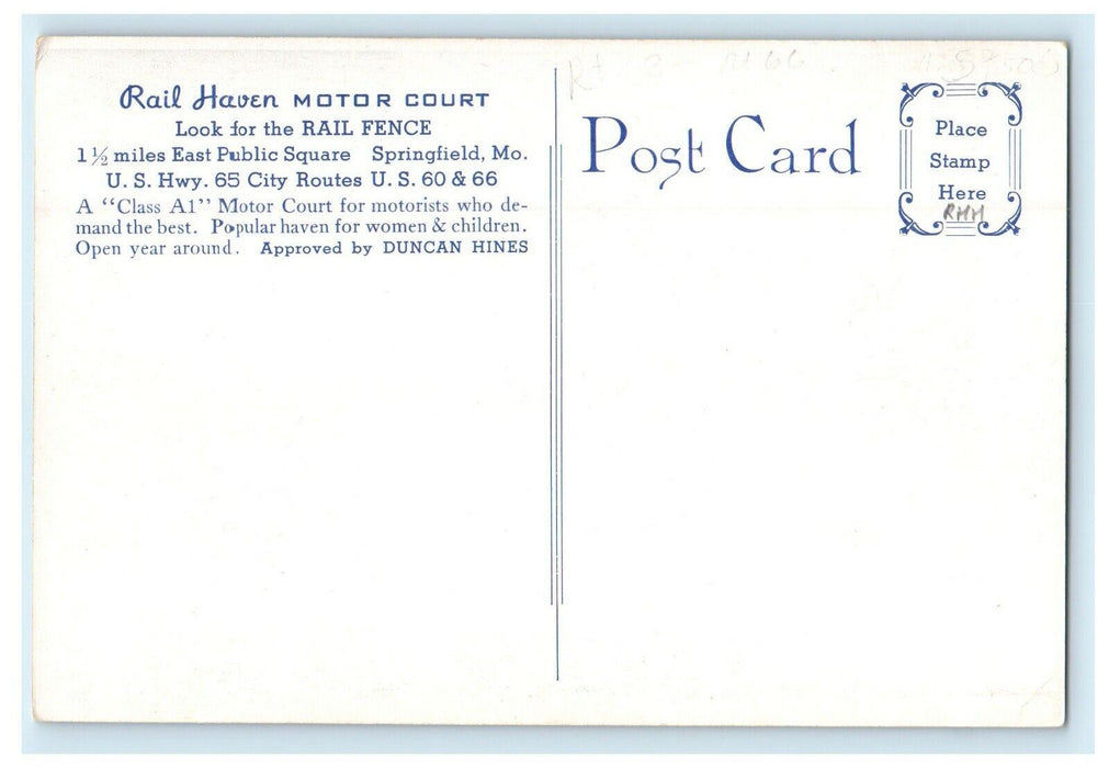 c1940's Rail Haven Motor Court Rail Fence Springfield Missouri MO Postcard