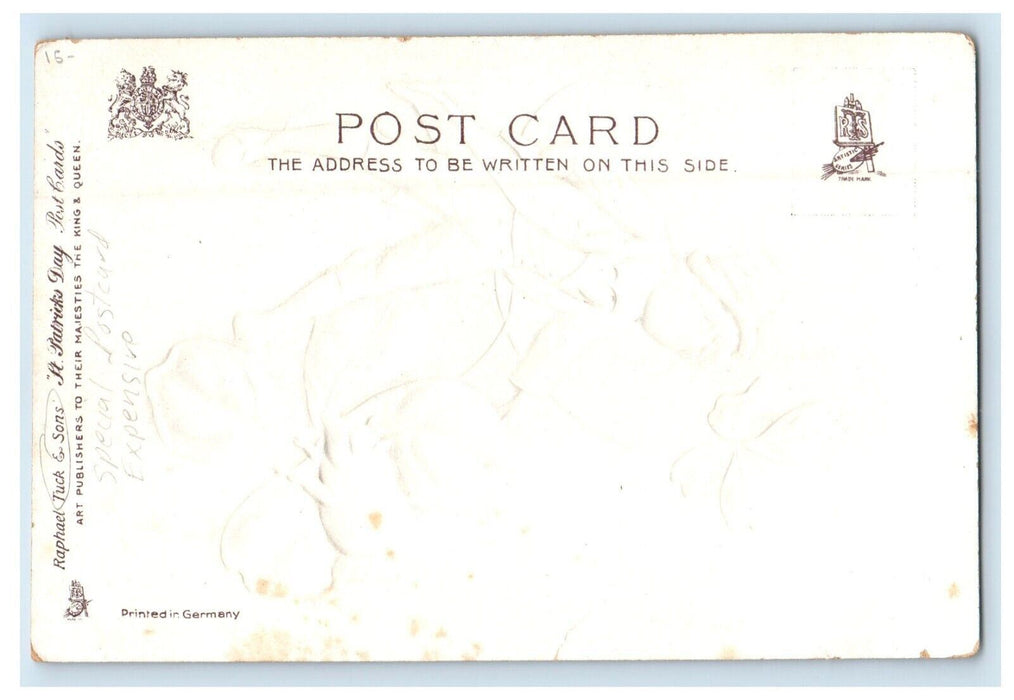 c1905 St. Patrick's Day Boy And Pig Shamrocks Embossed Tuck's Antique Postcard