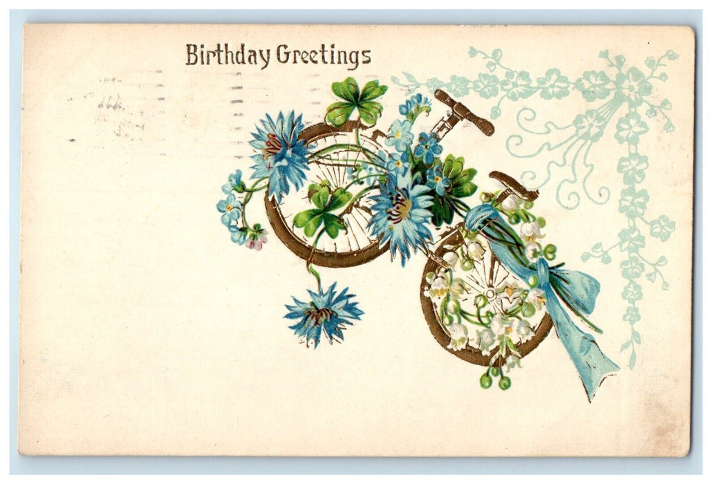 1908 Birthday Greetings Bicycle Pansies Blue Flowers Embossed Antique Postcard