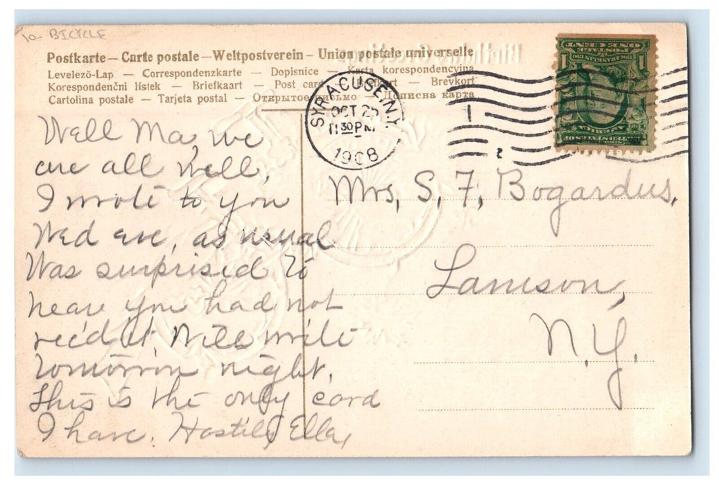 1908 Birthday Greetings Bicycle Pansies Blue Flowers Embossed Antique Postcard