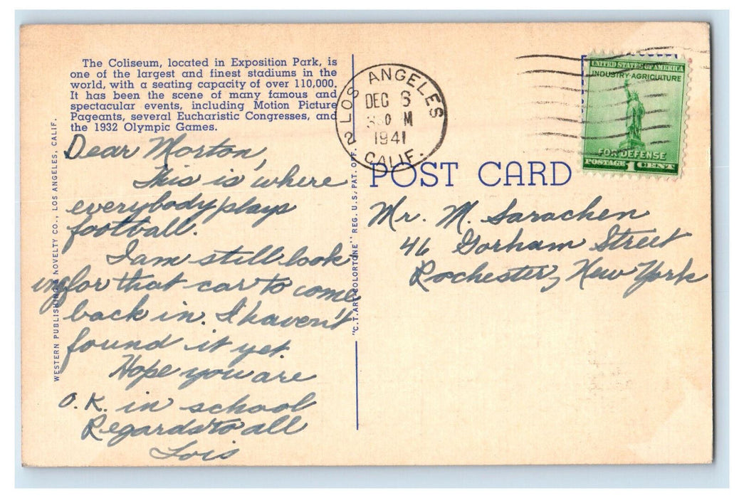 1941 Coliseum Exposition Park Los Angeles California CA Posted Postcard