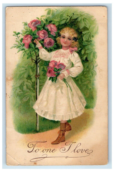 1907 Valentine Victorian Girl Dress With Pink Roses Embossed Germany Postcard