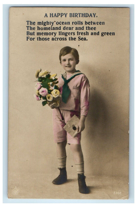 c1910's Birthday Greetings Boy With Flowers WWI Soldier Mail RPPC Photo Postcard