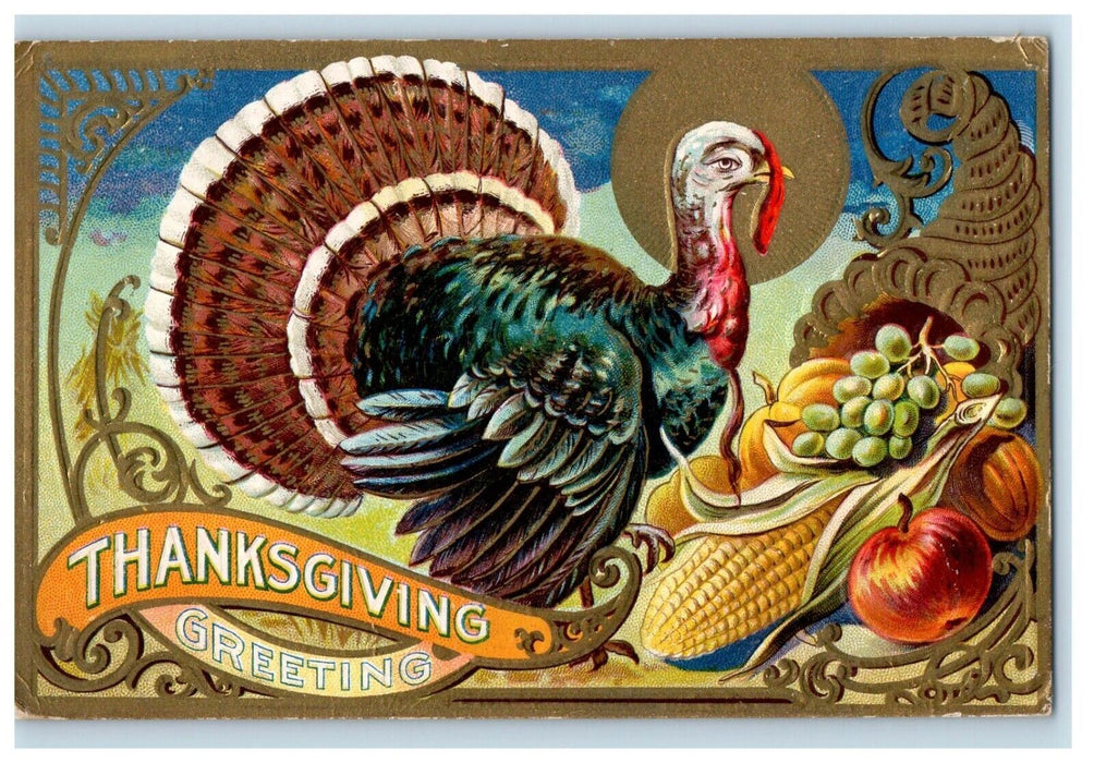 1908 Thanksgiving Greetings Turkey And Fruits Embossed Utica NY Antique Postcard