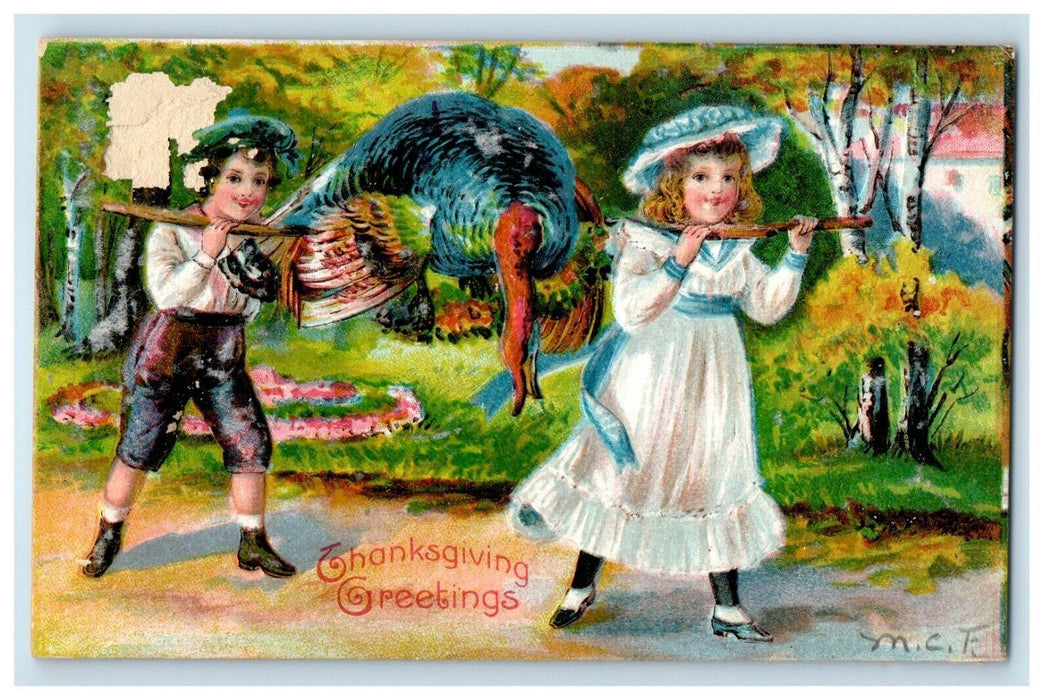 1909 Thanksgiving Greetings Boy Girl Cached Turkey Embossed Antique Postcard