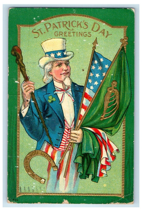 1909 Uncle Sam St. Patrick's Day Greetings Patriotic Flags Horseshoe Postcard