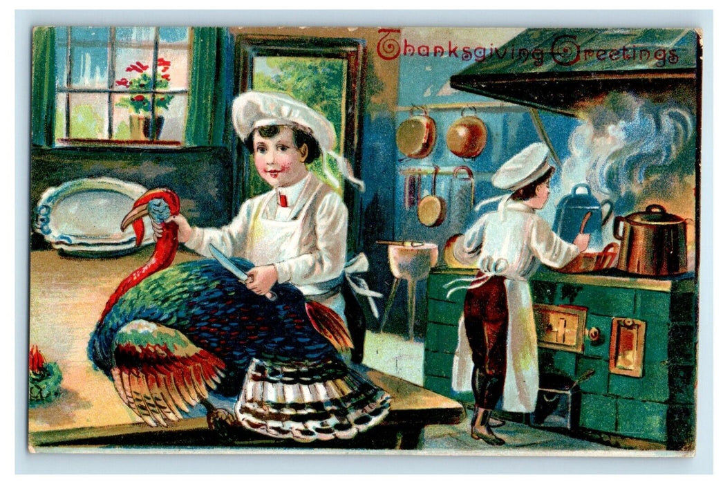 c1910's Thanksgiving Greetings Cooking Chef Turkey Embossed Antique Postcard