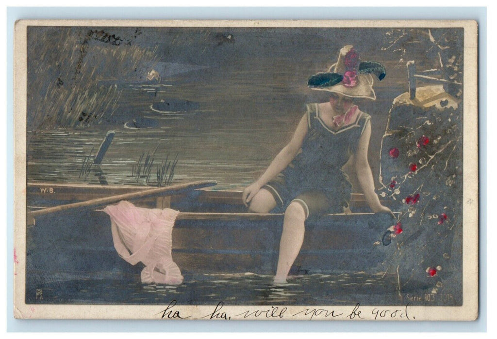 1906 Girl Swimsuit Hat Lake Rowboat RPPC Photo Chambersville PA Postcard
