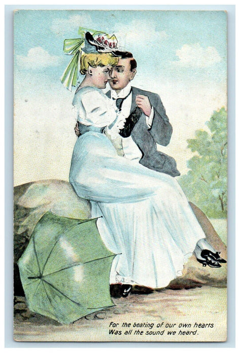 c1910's Valentine Couple Seating On A Big Rock Umbrella Williamstown NY Postcard