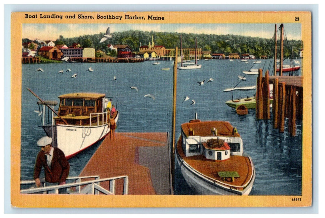c1940s Boats, Boat Landing and Shore, Boothbay Harbor, Maine ME Postcard
