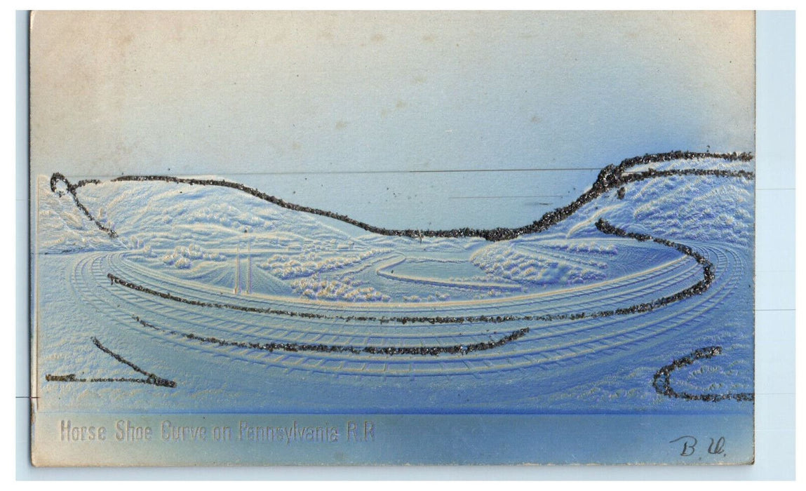 1907 Horse Shoe Curve on Pennsylvania Railroad Embossed Airbrush Postcard