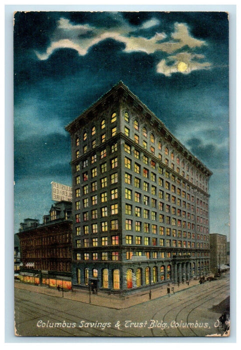 1908 Columbus Saving & Trust Co. Bldg. Night View Moon Columbus Ohio OH Postcard