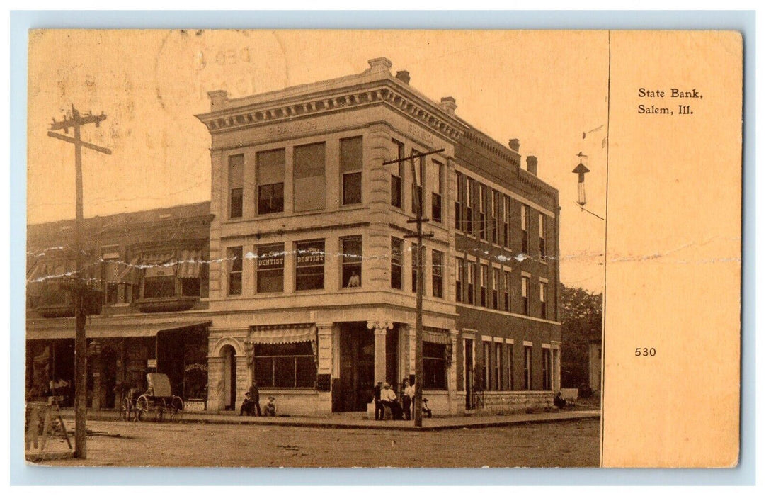 1915 State Bank Building Dentist Street View  Salem Illinois IL Antique Postcard