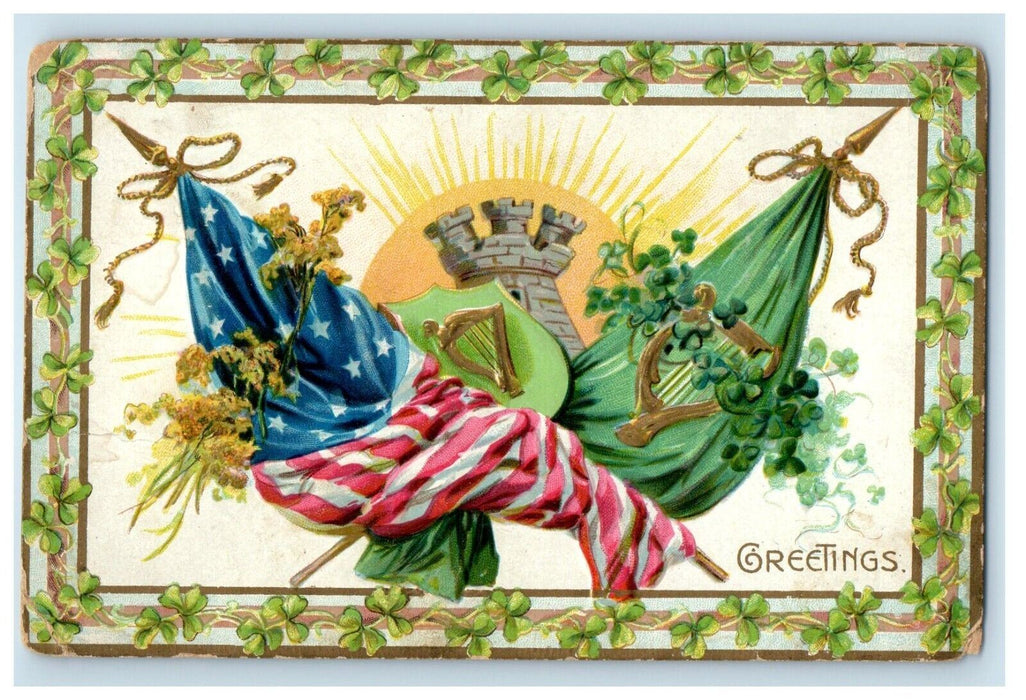 St. Patrick's Day Greetings Patriotic American Flag Embossed Tuck's Postcard
