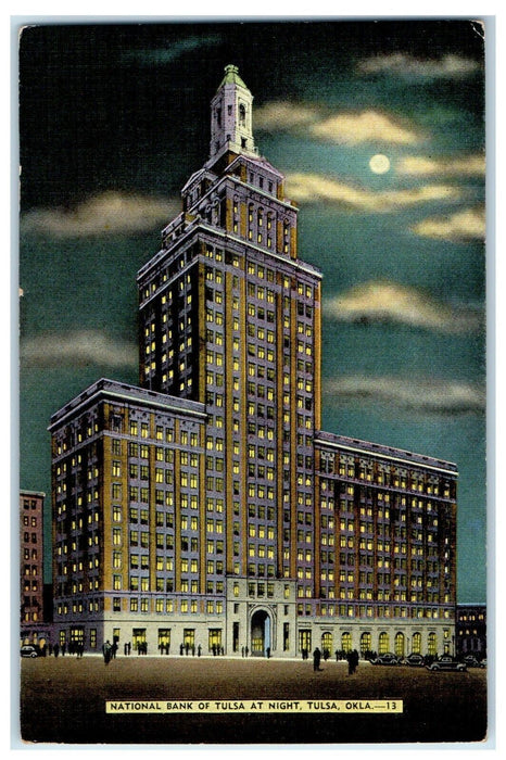 c1930's National Bank Of Tulsa At Night Moon View Tulsa Oklahoma OK Postcard