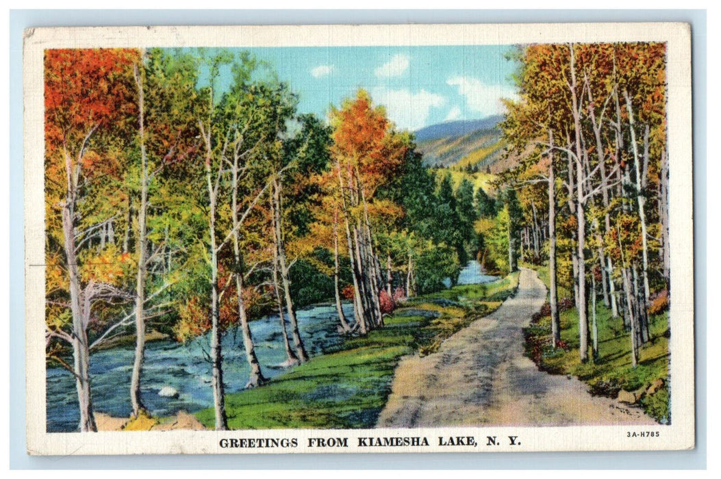1937 Trees and Road View, Greetings from Kiamesha Lake New York NY Postcard