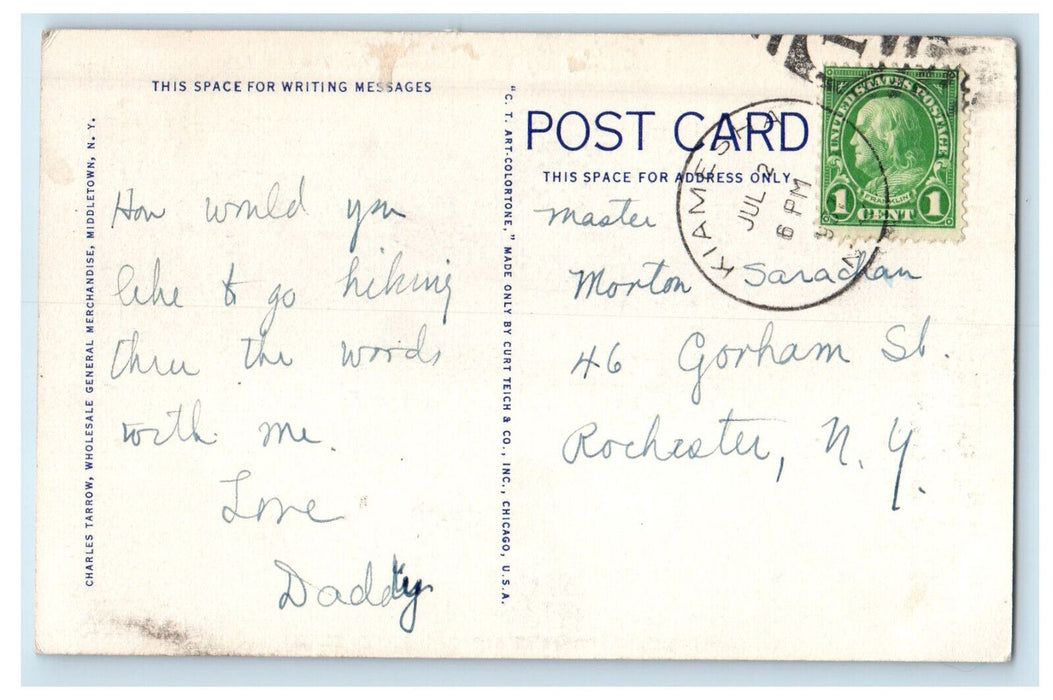 1937 Trees and Road View, Greetings from Kiamesha Lake New York NY Postcard