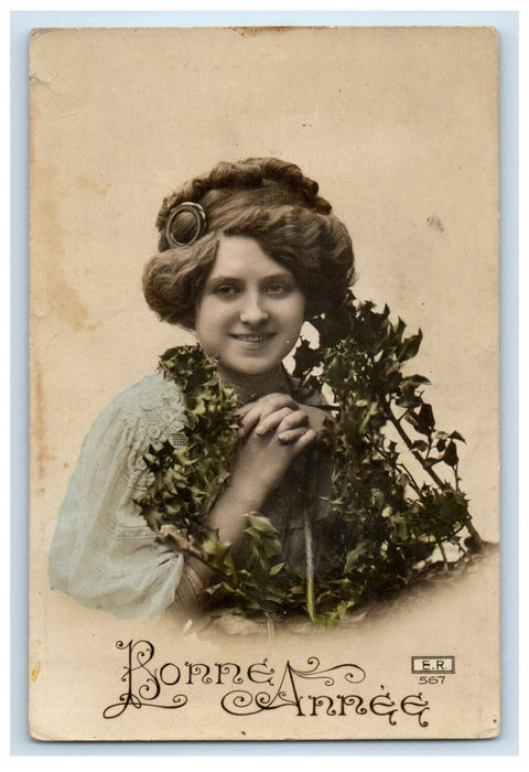 1918 Happy New Year Bonnea Annee Studio Portrait Tinted RPPC Photo Postcard