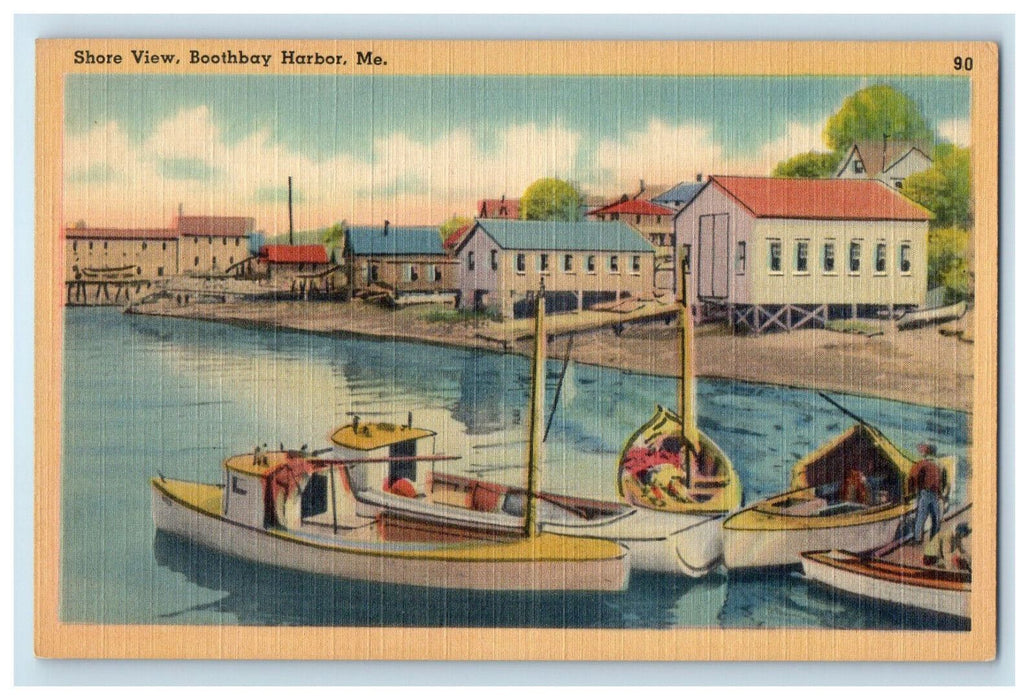 c1940s Boats Scene, Landing & Shore View, Boothbay Harbor Maine ME Postcard