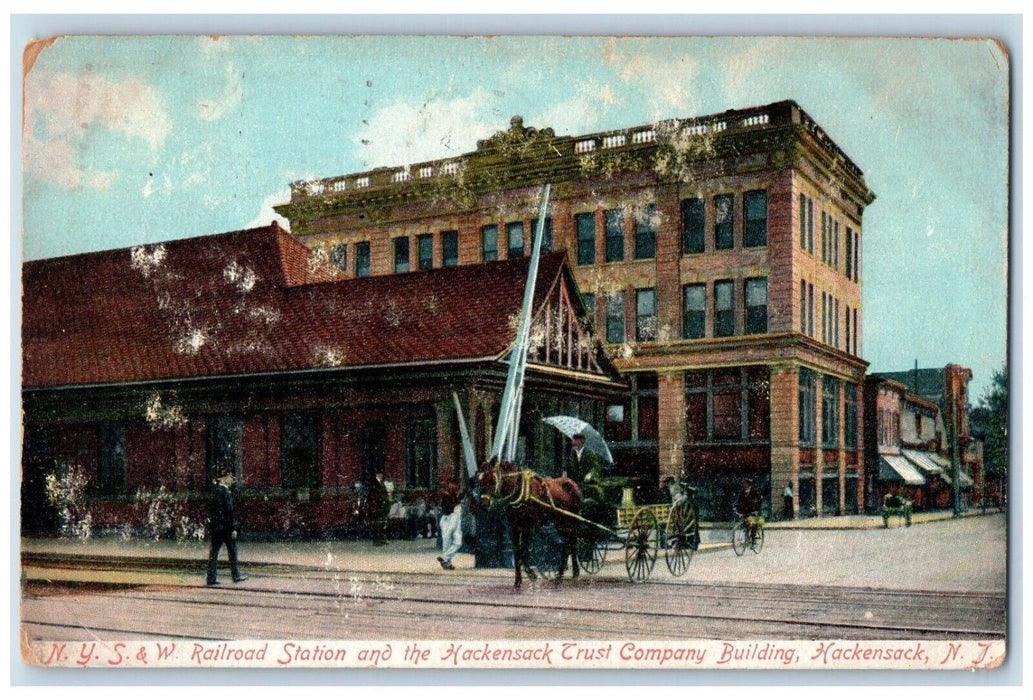 1907 N.Y.S & W. Railroad Station and the Hackensack Trust Company NJ Postcard