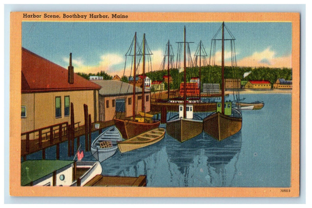 c1940s Boats with Poles Boothbay Harbor ME Merchant Greeting Card Co. Postcard